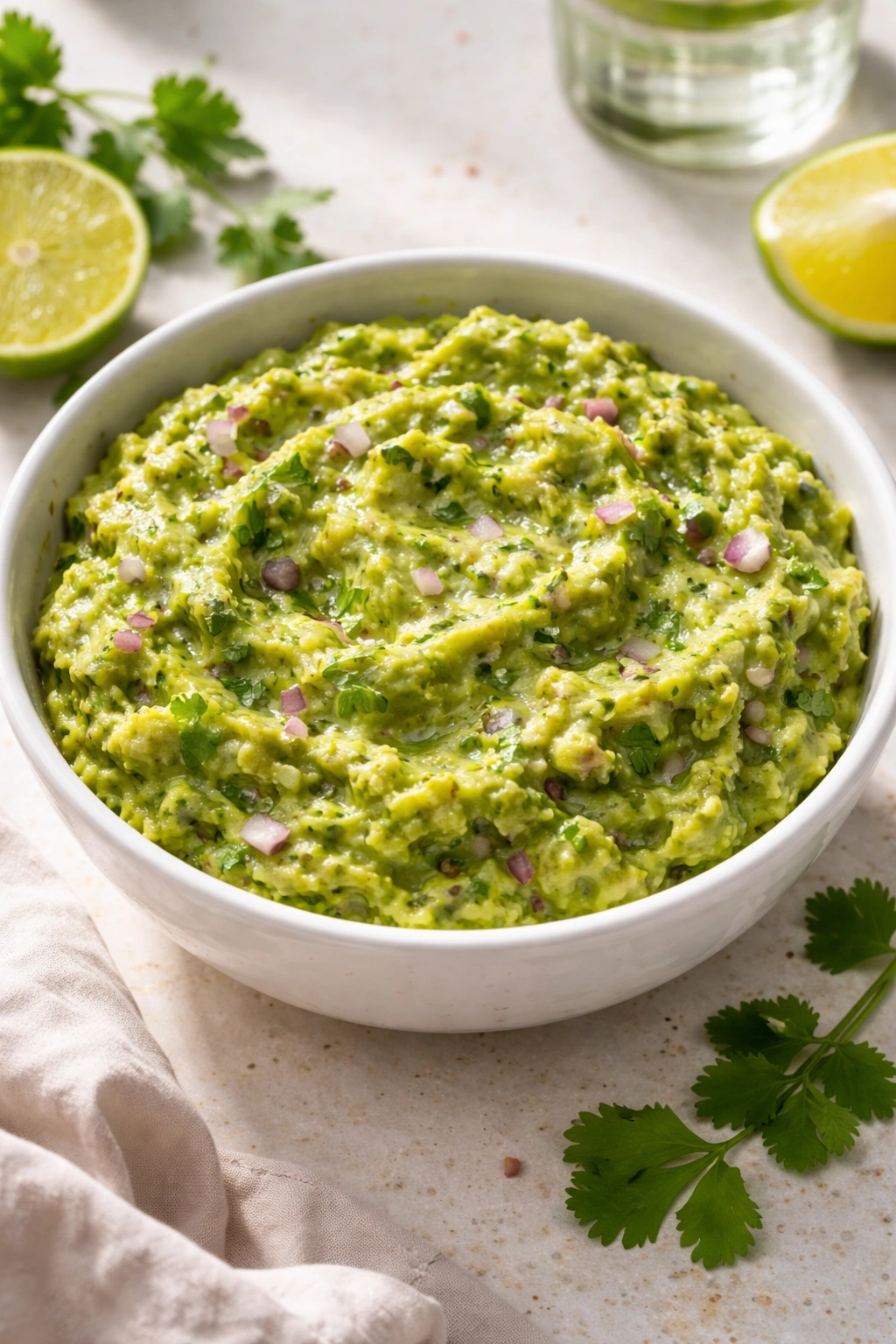 Creamy guacamole with cilantro and red onion