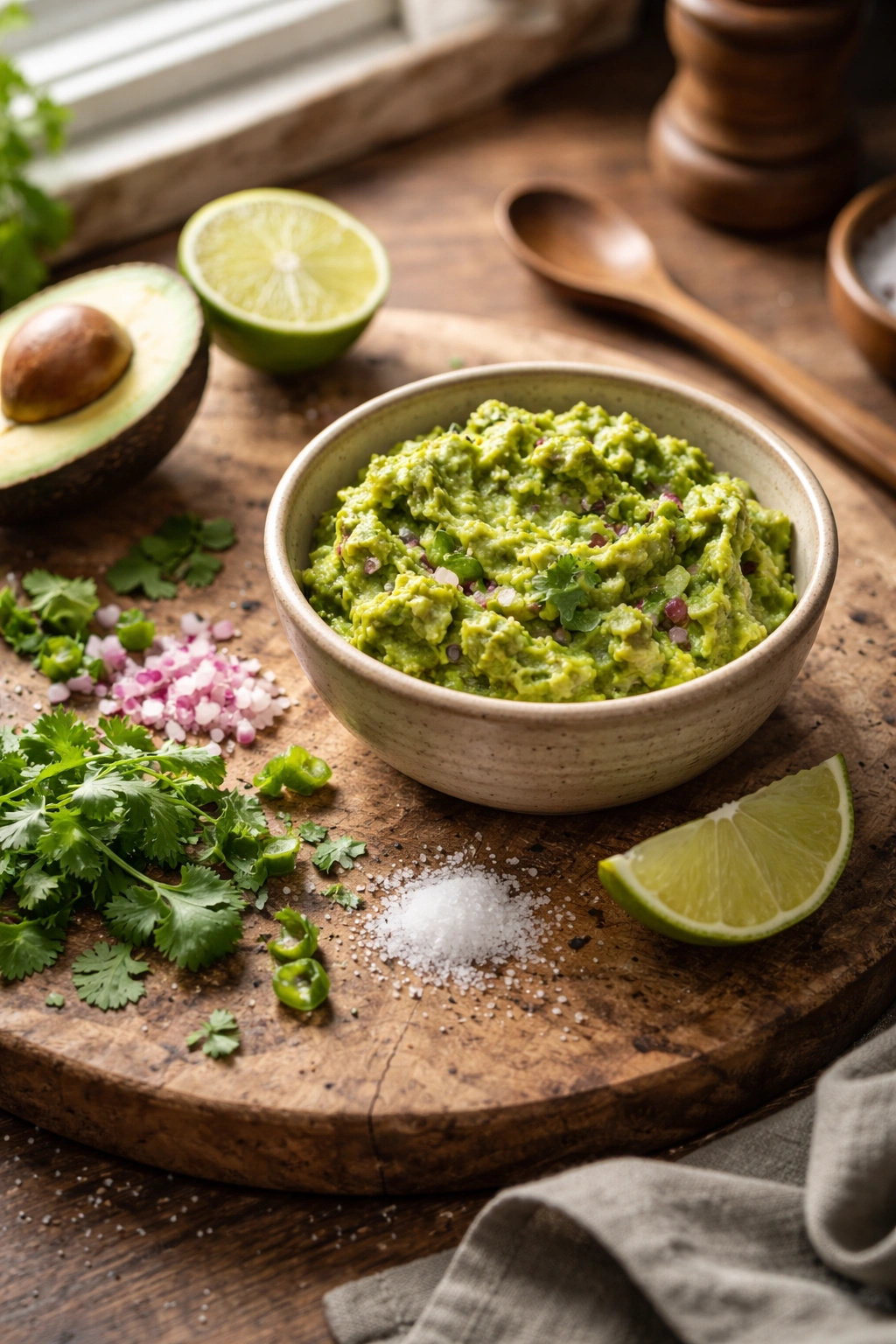 Mashed avocado with lime and salt in a rustic bowl
