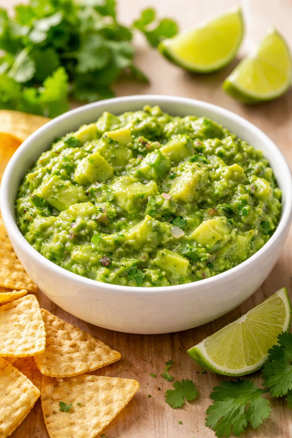 Bright green guacamole with avocado chunks in a bowl