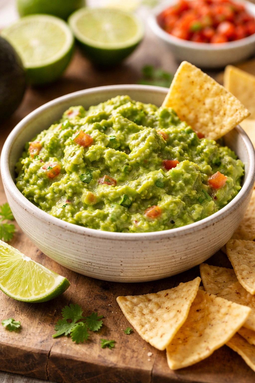 Bright green classic guacamole in a bowl on a wooden surface.