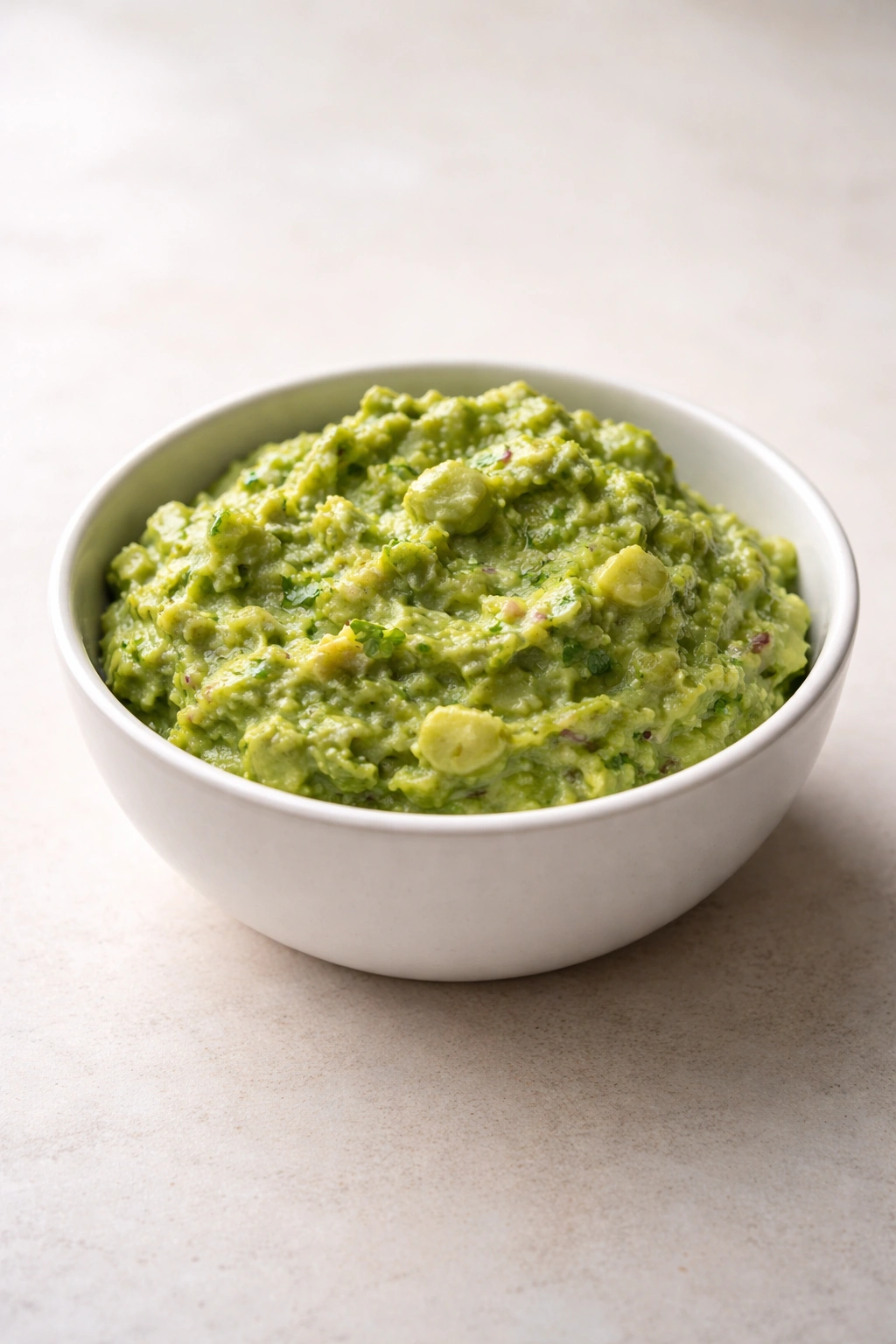 Minimalist bowl of guacamole on a plain surface