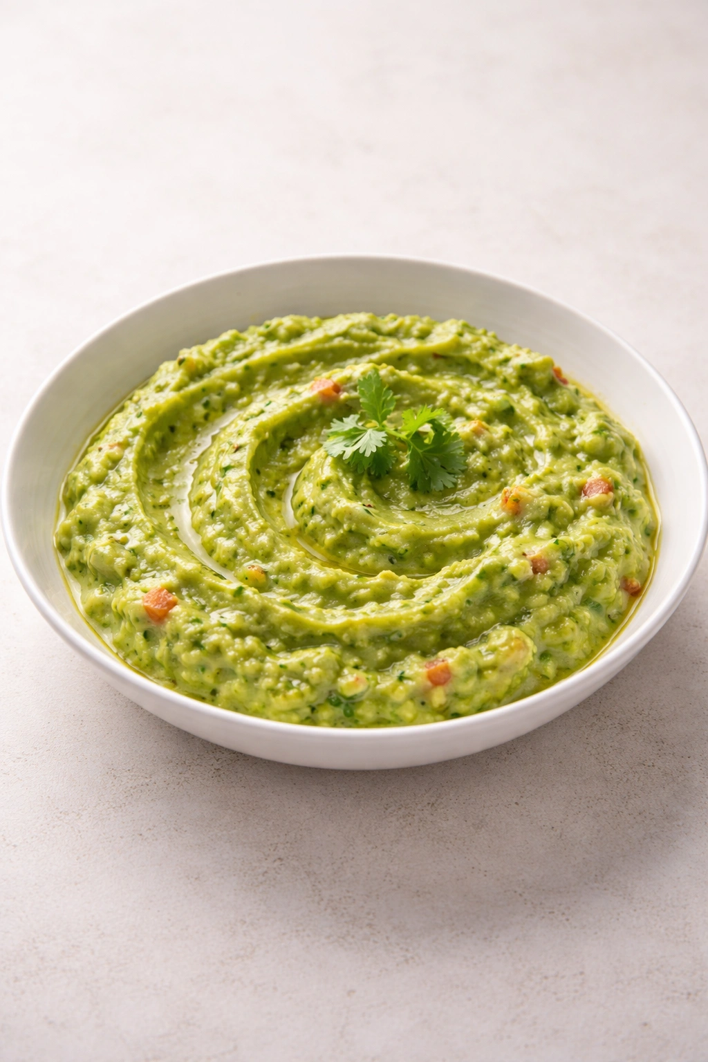 Elegant guacamole in a shallow bowl with wave texture and garnish