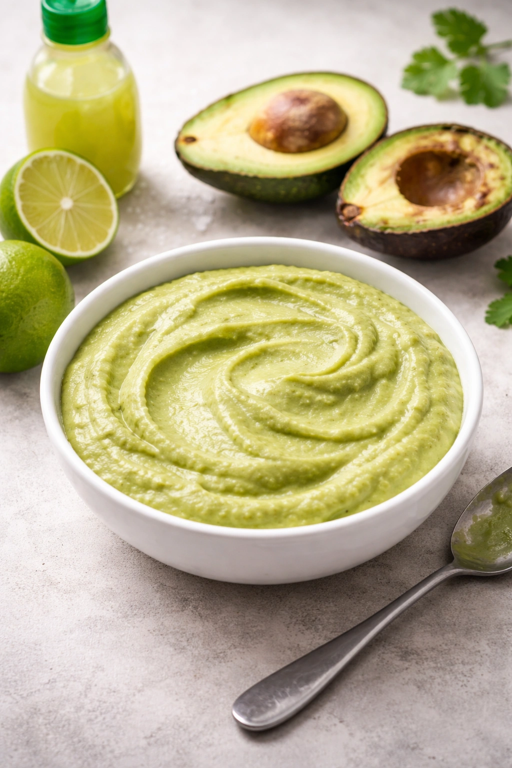 Smooth mashed guacamole illustrating over-mashing