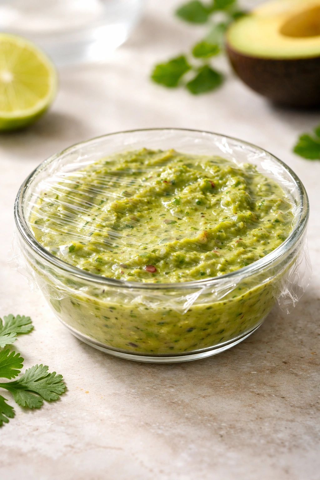 Close-up of bright green guacamole in a glass bowl with plastic wrap on top