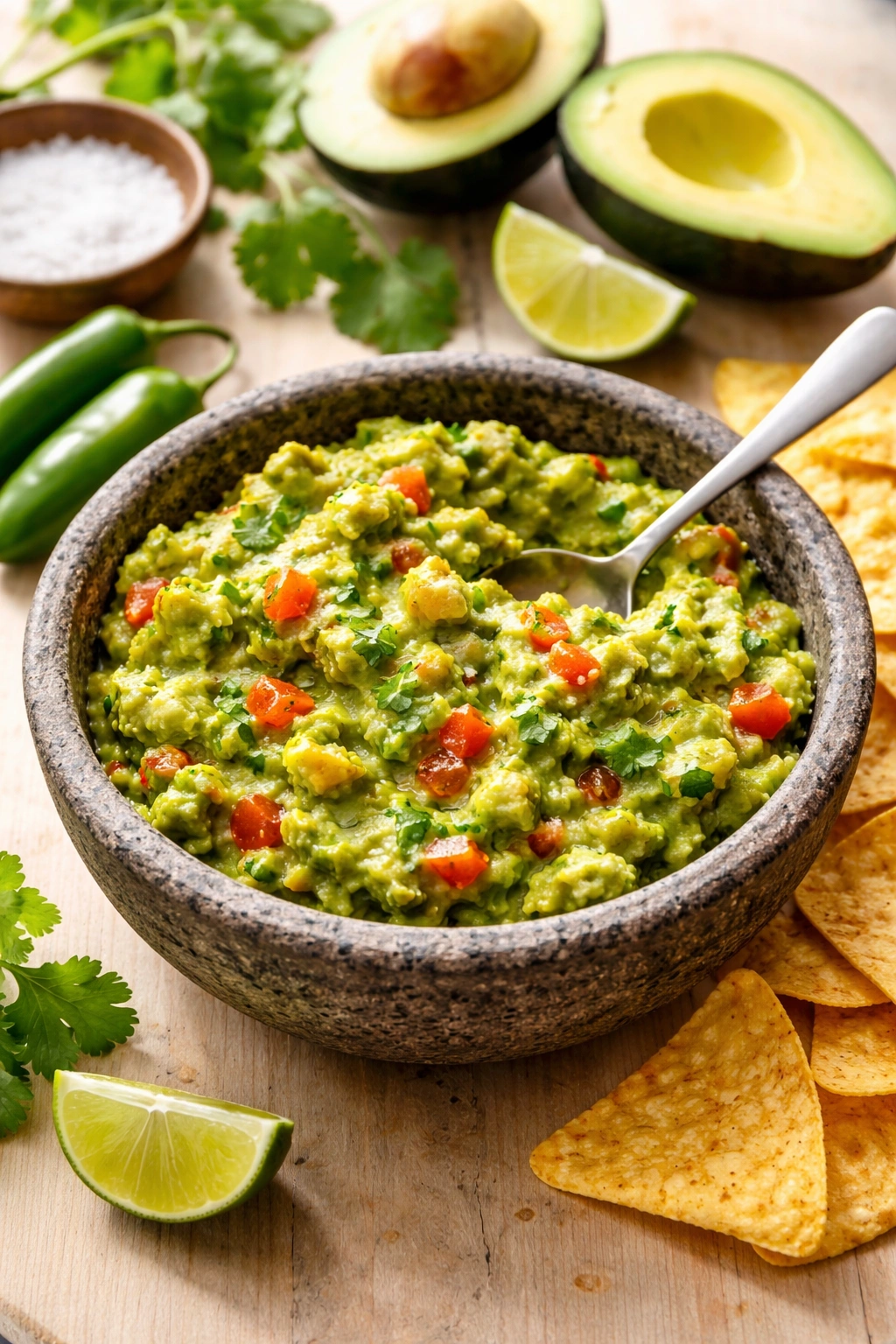 Bowl of chunky guacamole with visible texture on wooden surface