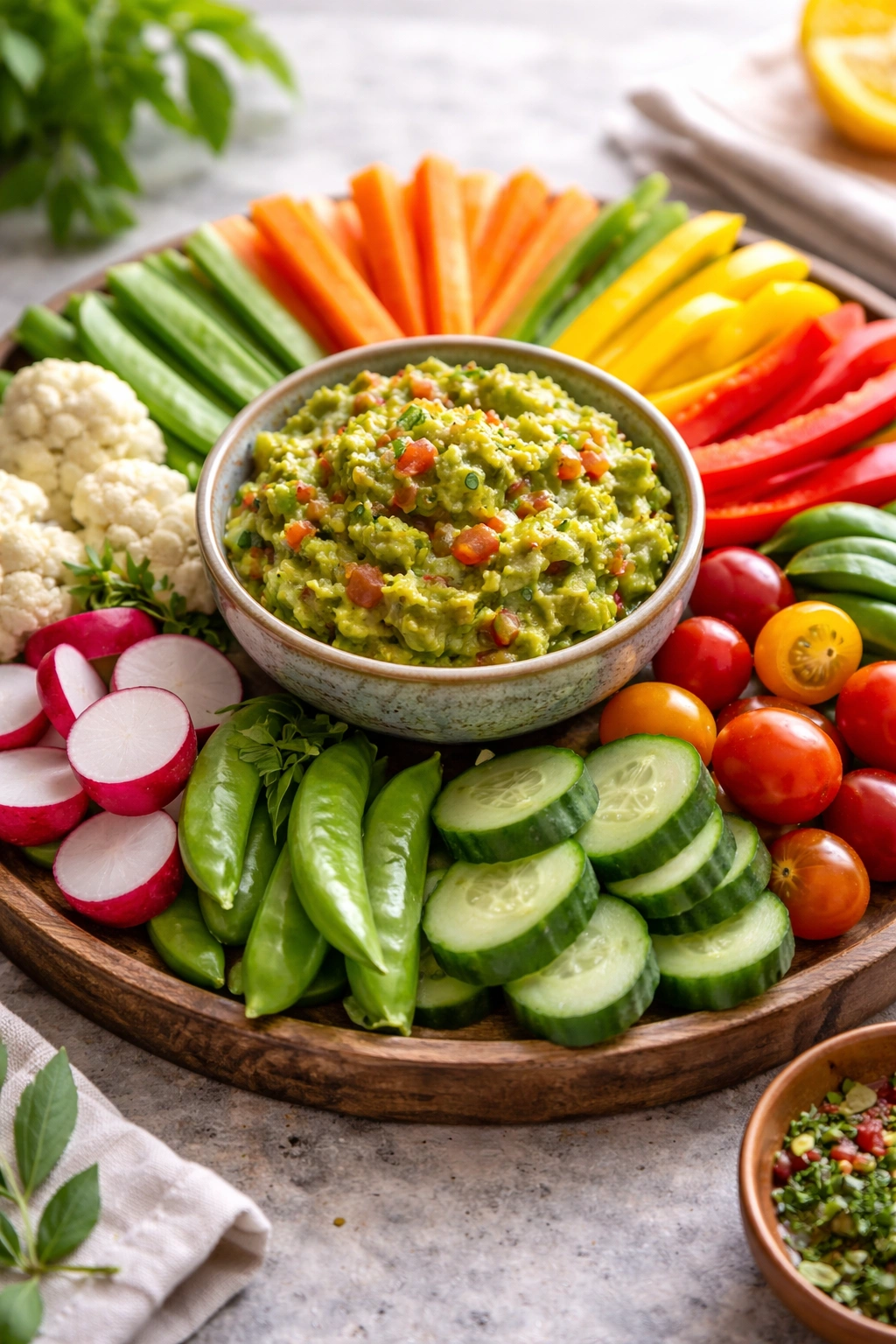 Guacamole center with colorful veggie platter on wooden board