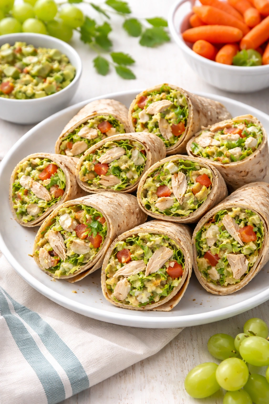 Pinwheels of chicken and guacamole wrapped in flatbreads on a plate