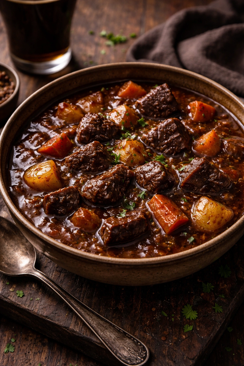 Guinness beef stew with beef chunks in a dark velvety broth