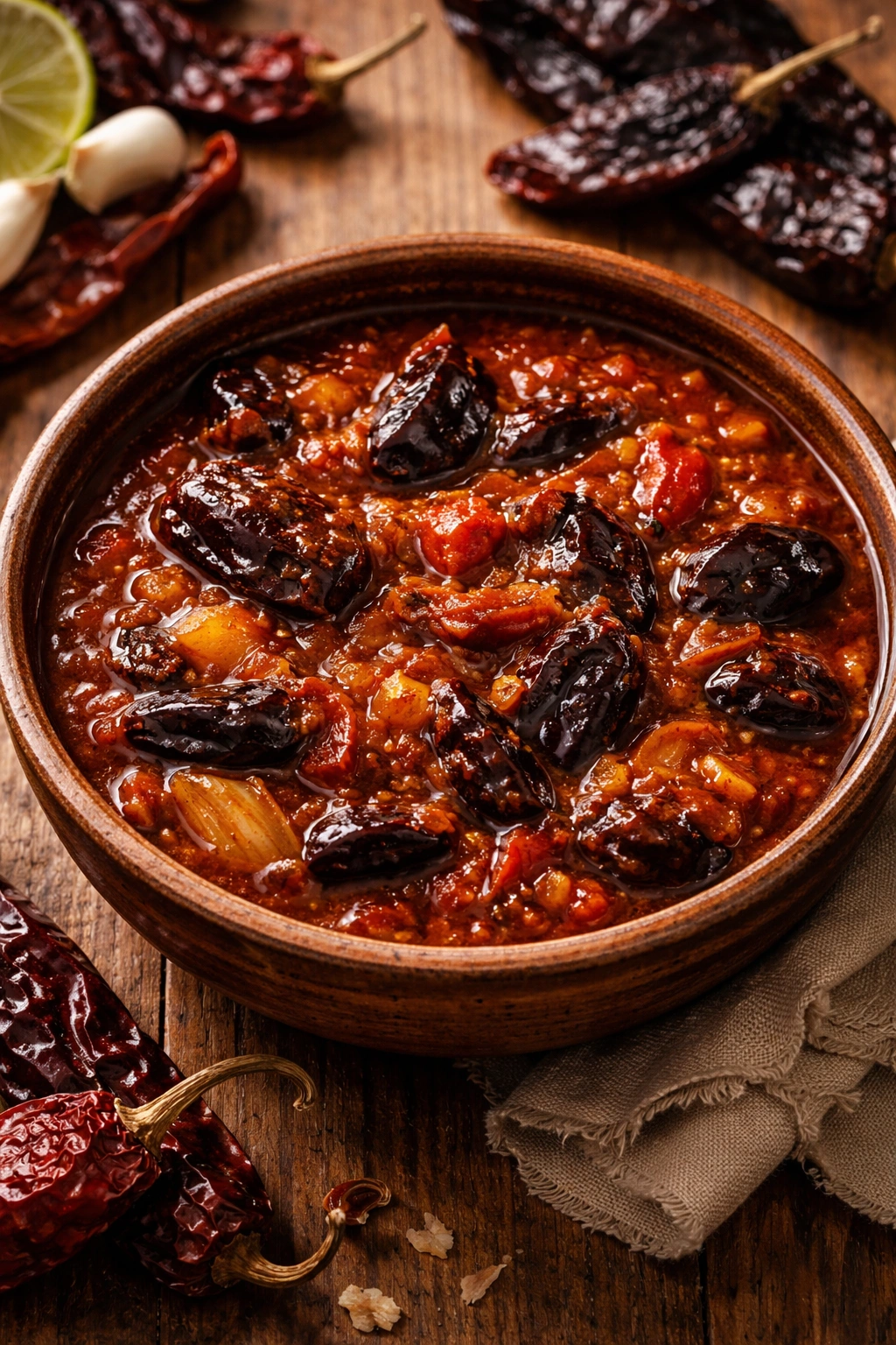 Chiles guisados in a rustic bowl with onion and tomato pieces