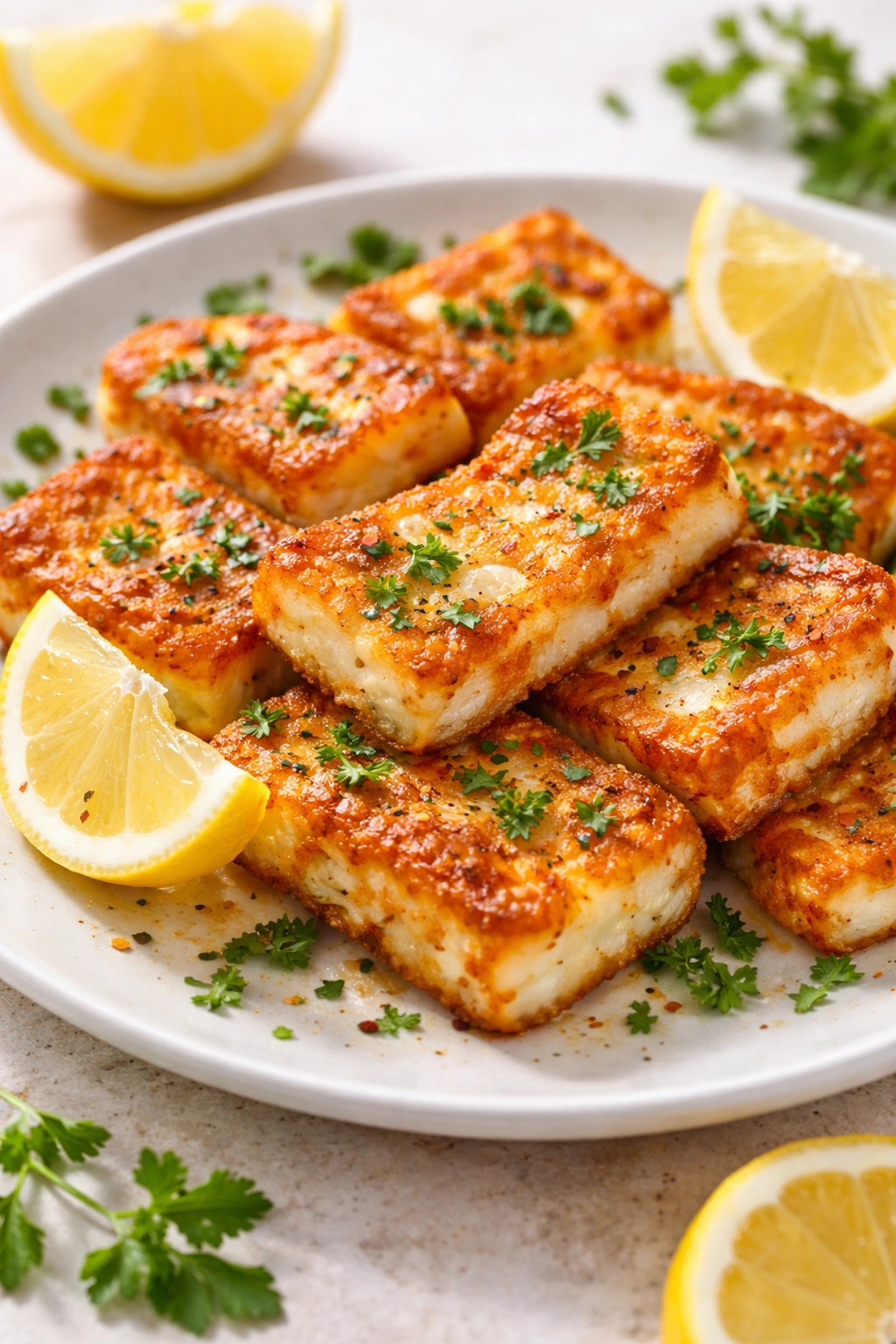 Crispy halloumi cheese with lemon and herbs on a plate