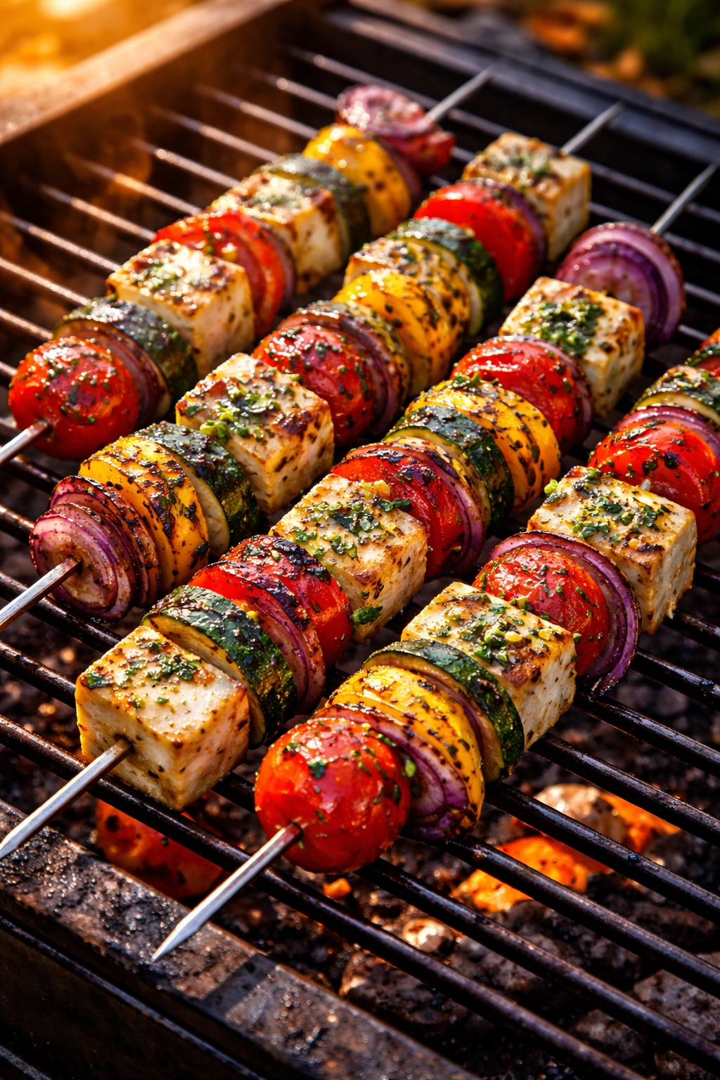 Halloumi and vegetable skewers on grill