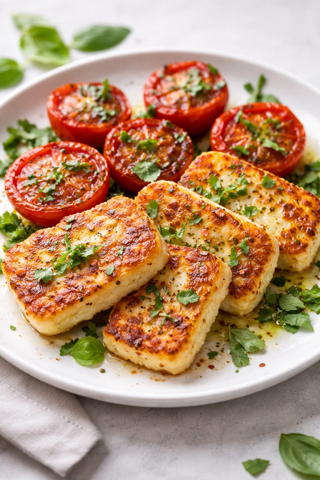 Close-up of crispy halloumi with charred tomatoes and fresh herbs on a neutral plate