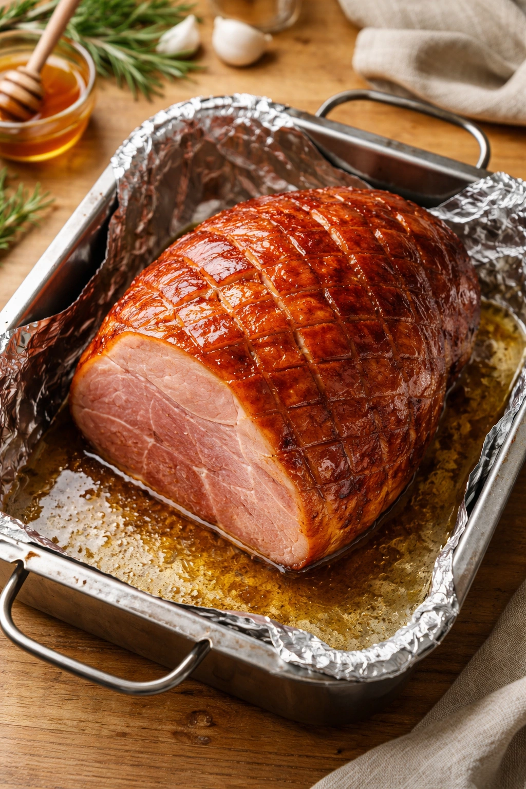 Whole ham in foil-lined roasting pan with water, ready for baking