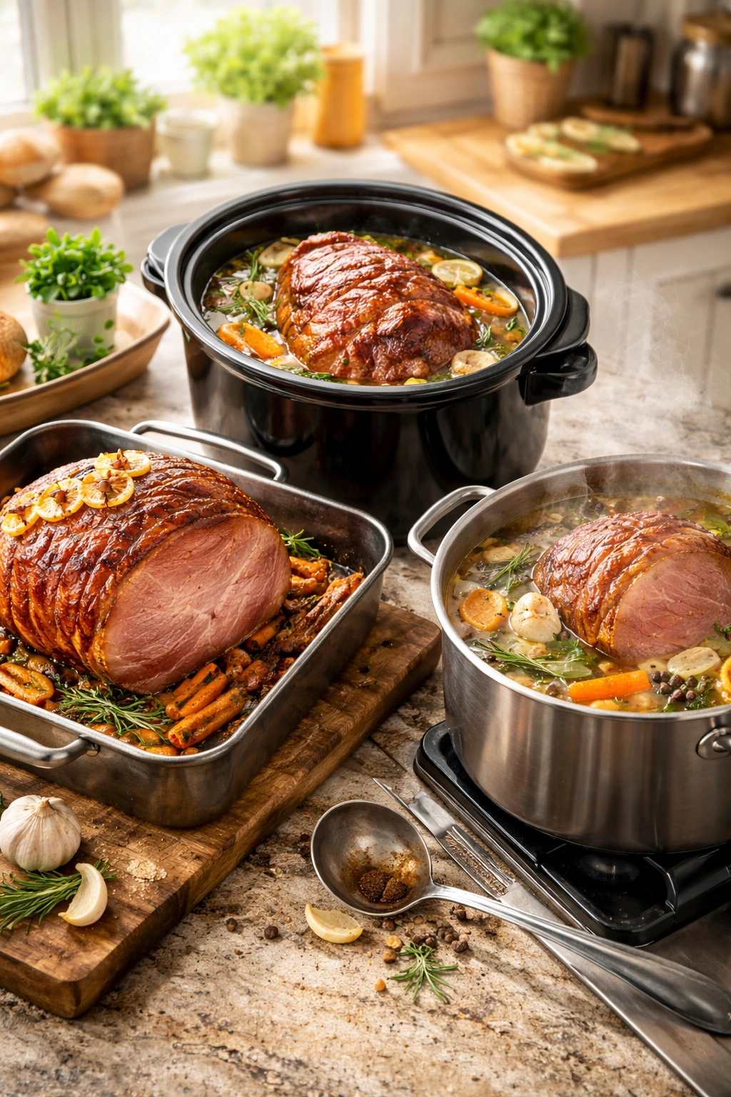 Ham shown with three cooking methods: baked, slow cooked, and boiled.