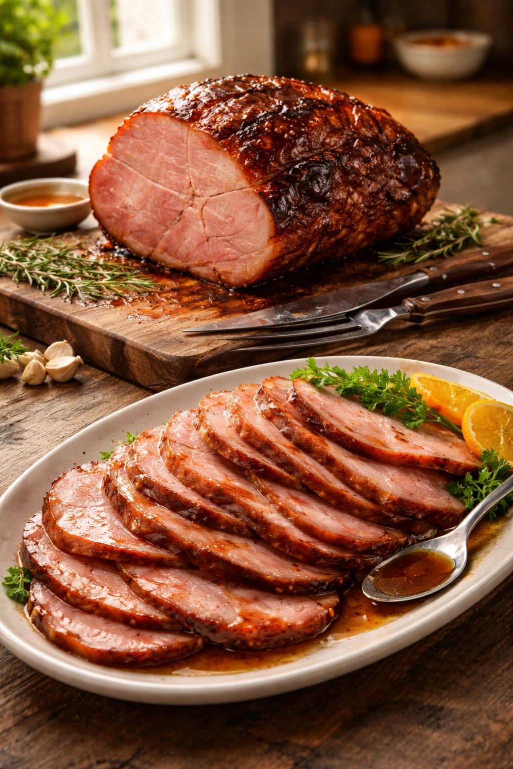 Close-up of roasted ham resting on a cutting board with carved slices on a platter and carving tools nearby