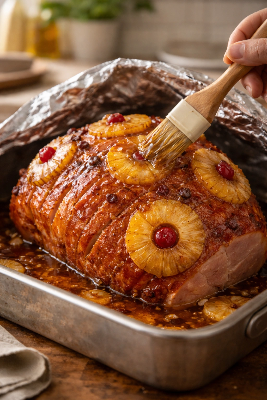 Ham being basted to prevent drying with glaze and foil