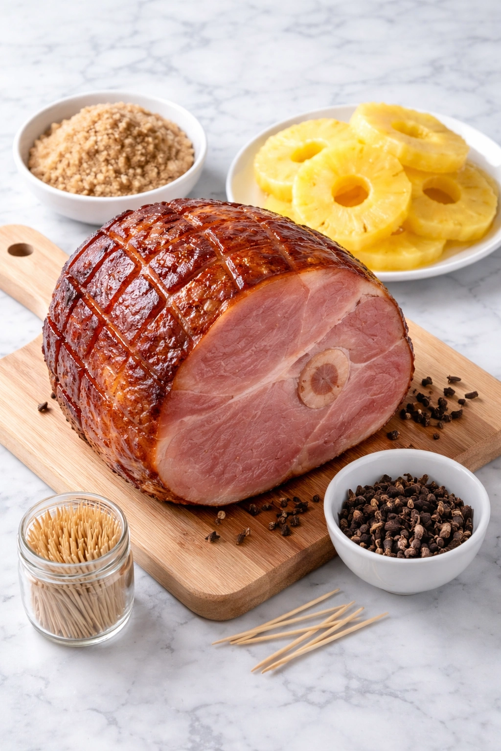 Bone-in smoked ham with brown sugar, cloves, pineapple rings, and toothpicks