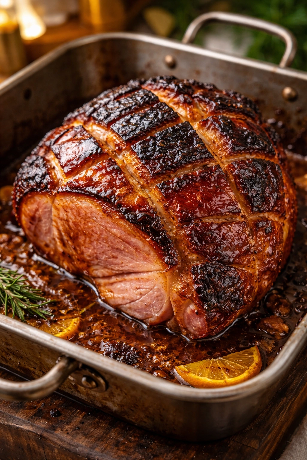 Ham with uneven glaze and dry edges in a roasting pan