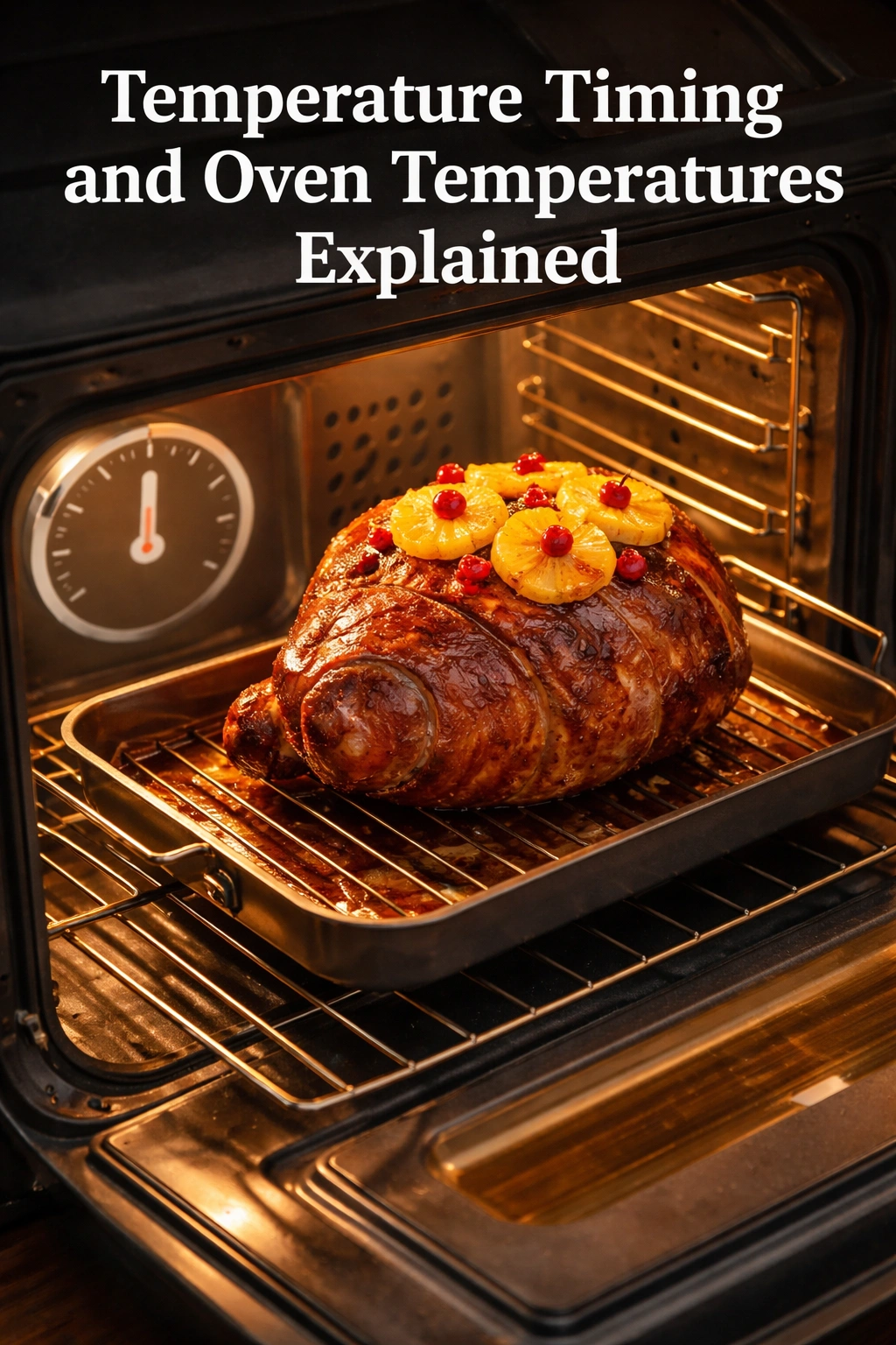 Ham roasting in oven with dial thermometer illustrating temperature timing concepts