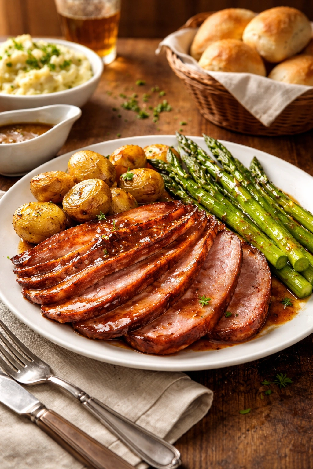 Glazed ham with potatoes and asparagus on plate