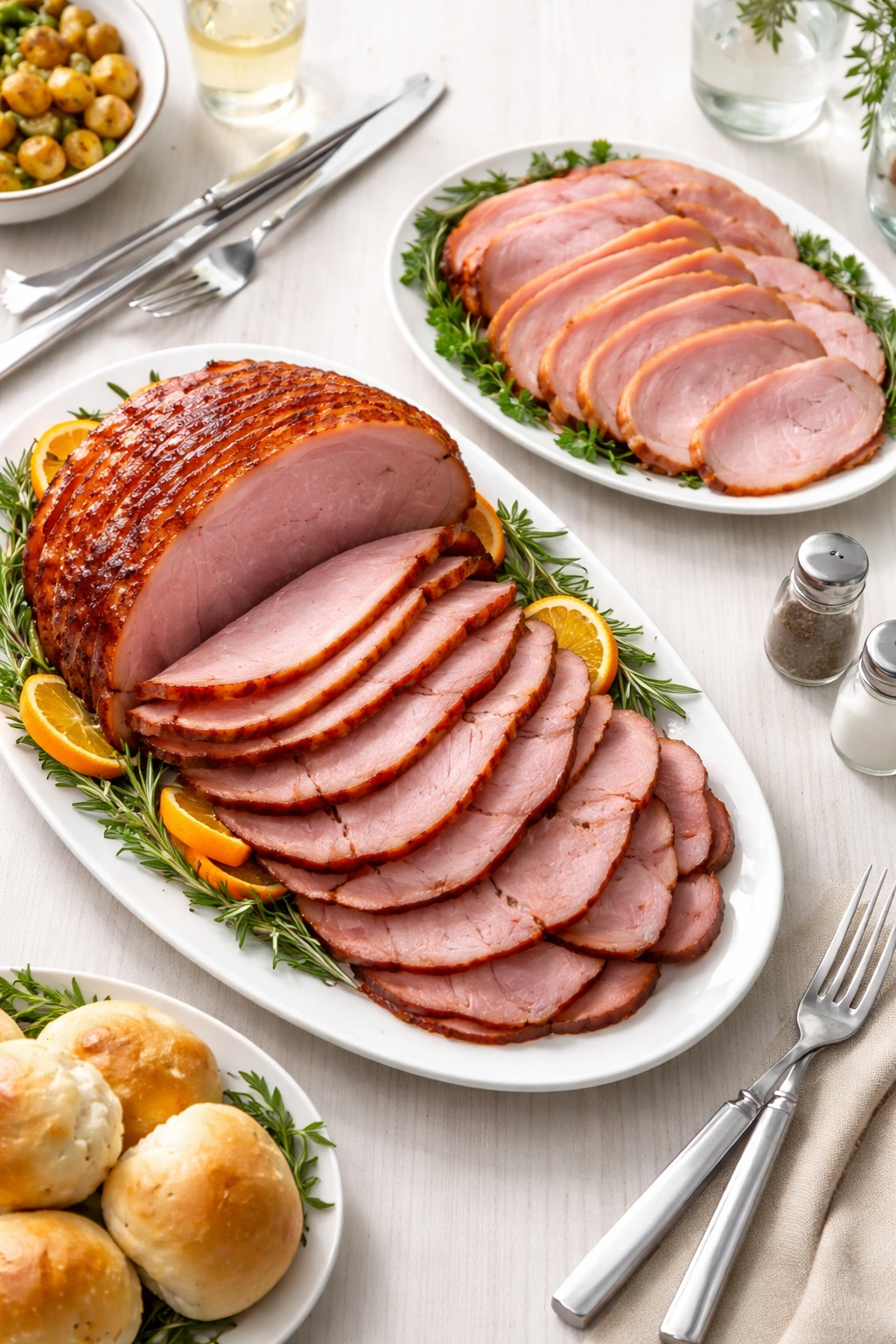 Ham slices arranged to imply portion sizes for bone-in and boneless types.