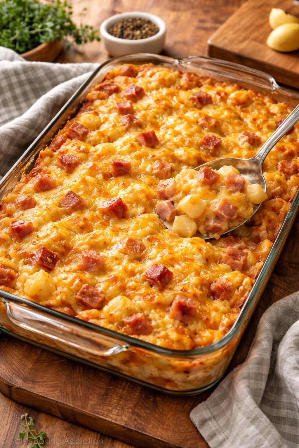 Cheesy ham and potato casserole in a baking dish with a golden top.