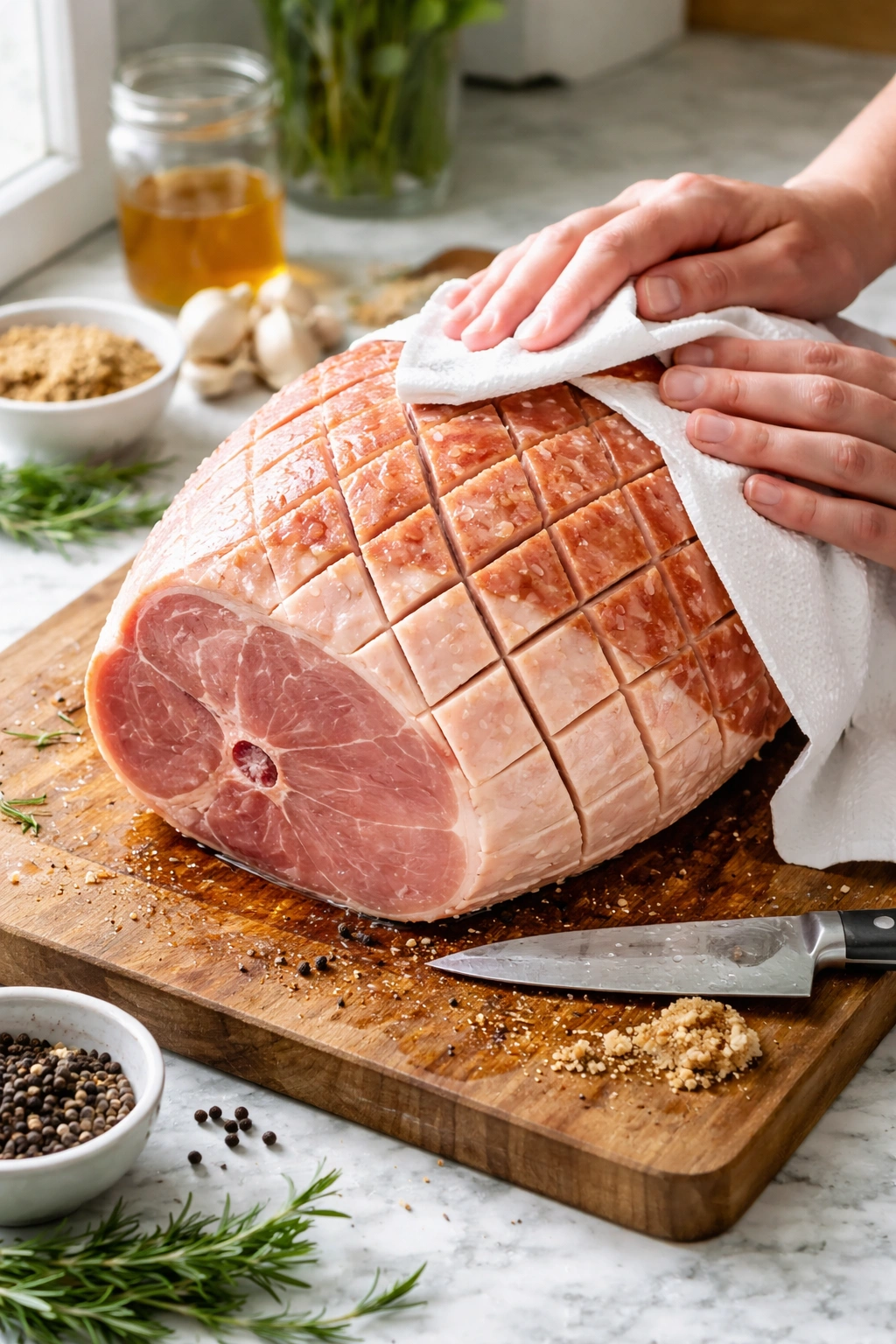 Ham being rinsed and dried, fat trimmed for prep.