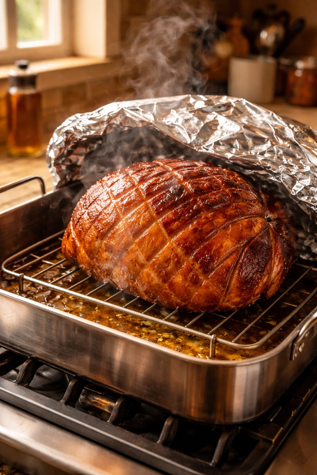 Ham on a roasting rack with liquid in the pan and a loose foil tent, steam rising
