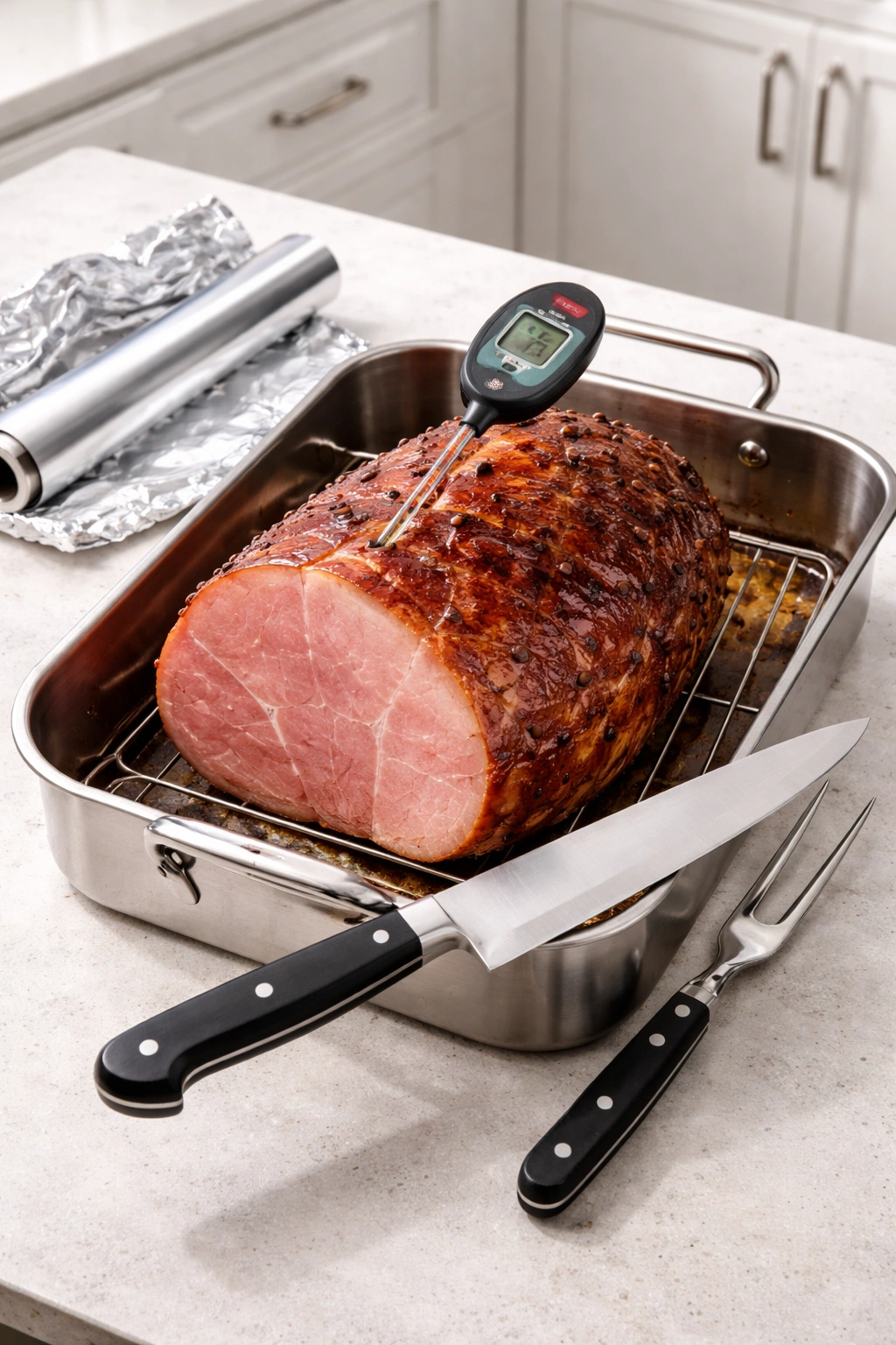 Ham with thermometer, foil, and carving knife arranged for roasting.