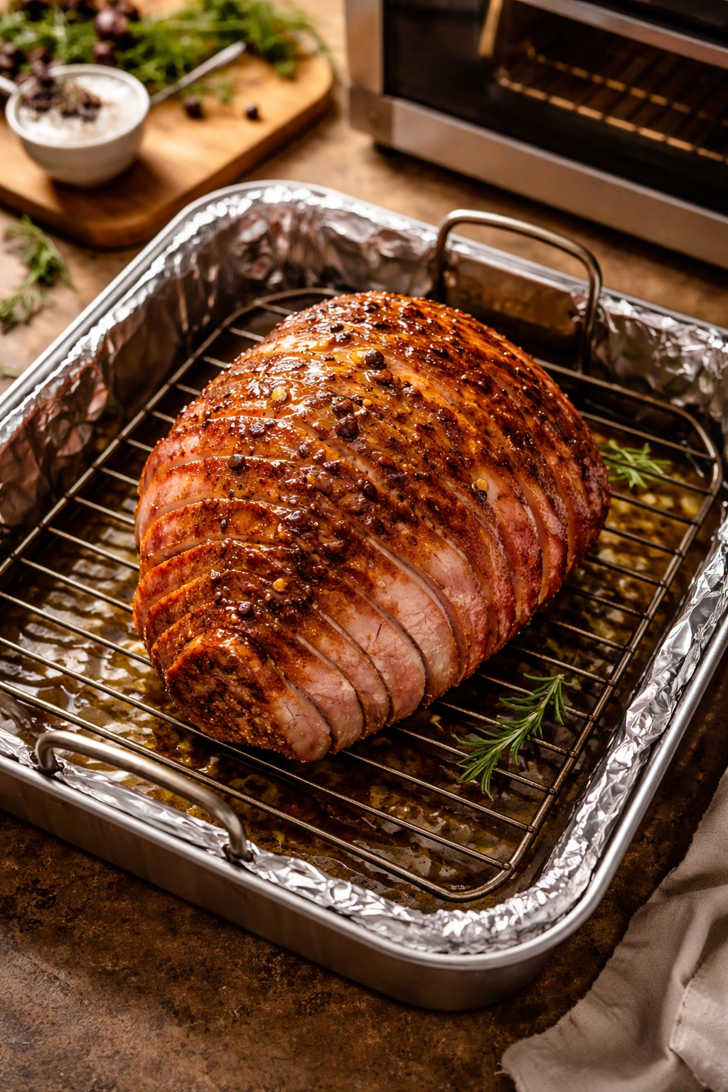 Ham on a rack in a foil-lined roasting pan with water around it