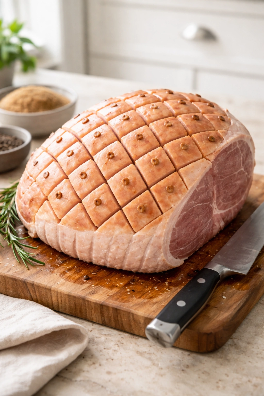 Ham on cutting board with diamond scoring ready for glaze