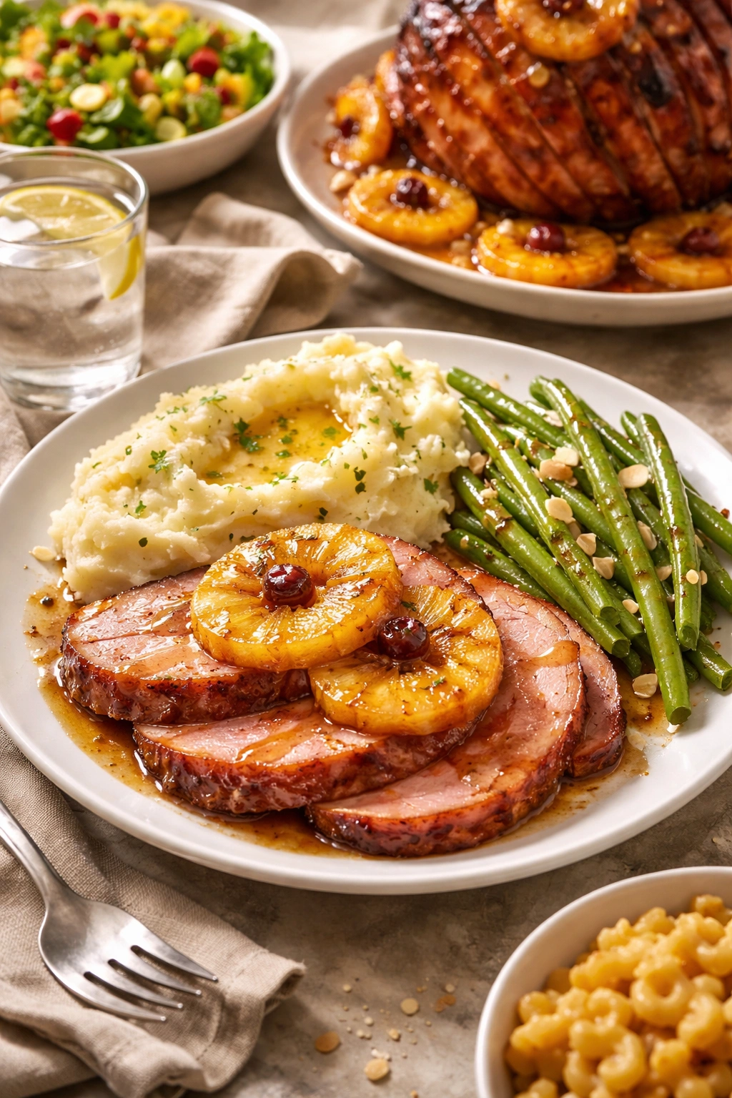 Plate with glazed ham and sides like potatoes and beans