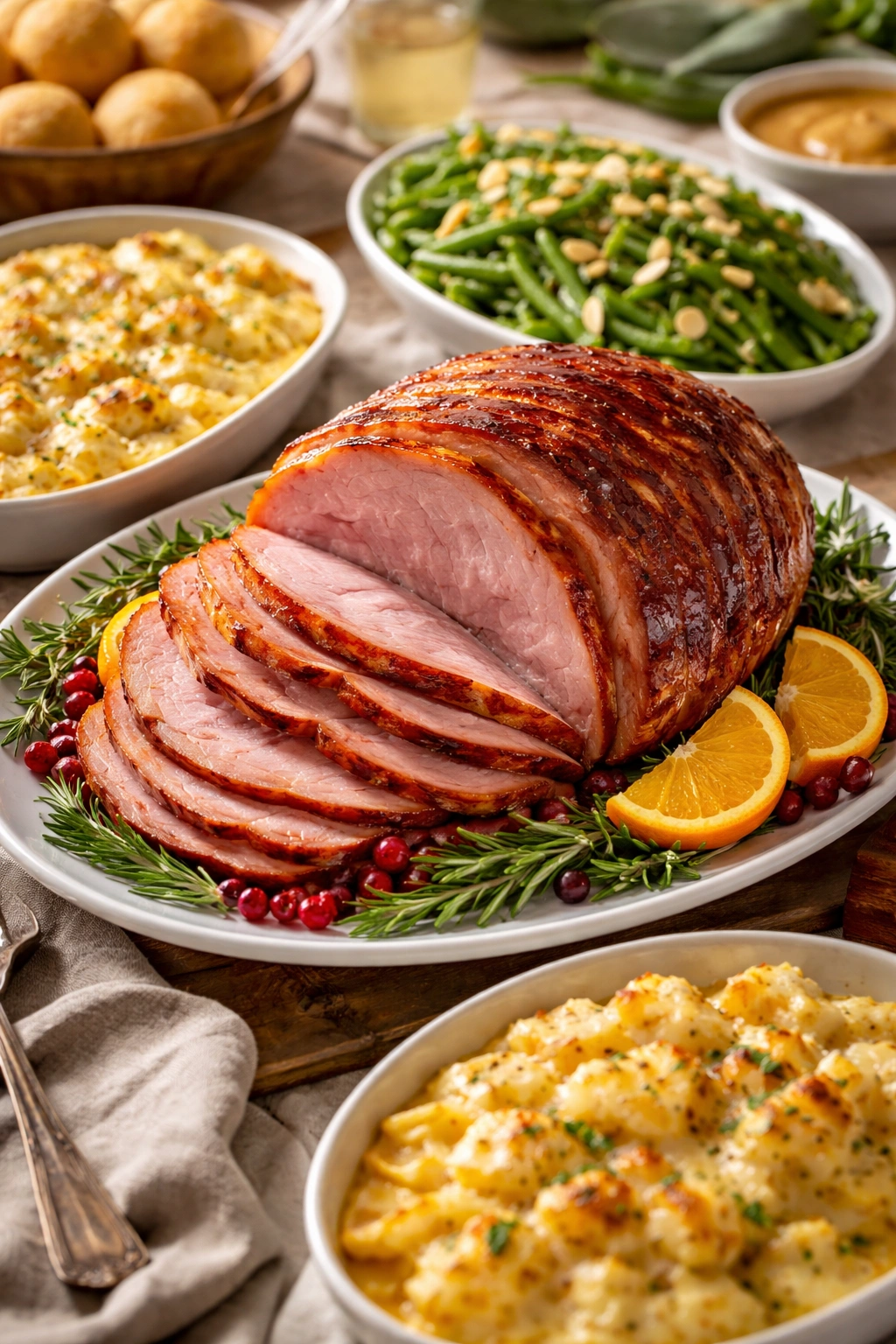 Ham centerpiece with scalloped potatoes and green beans on a rustic platter