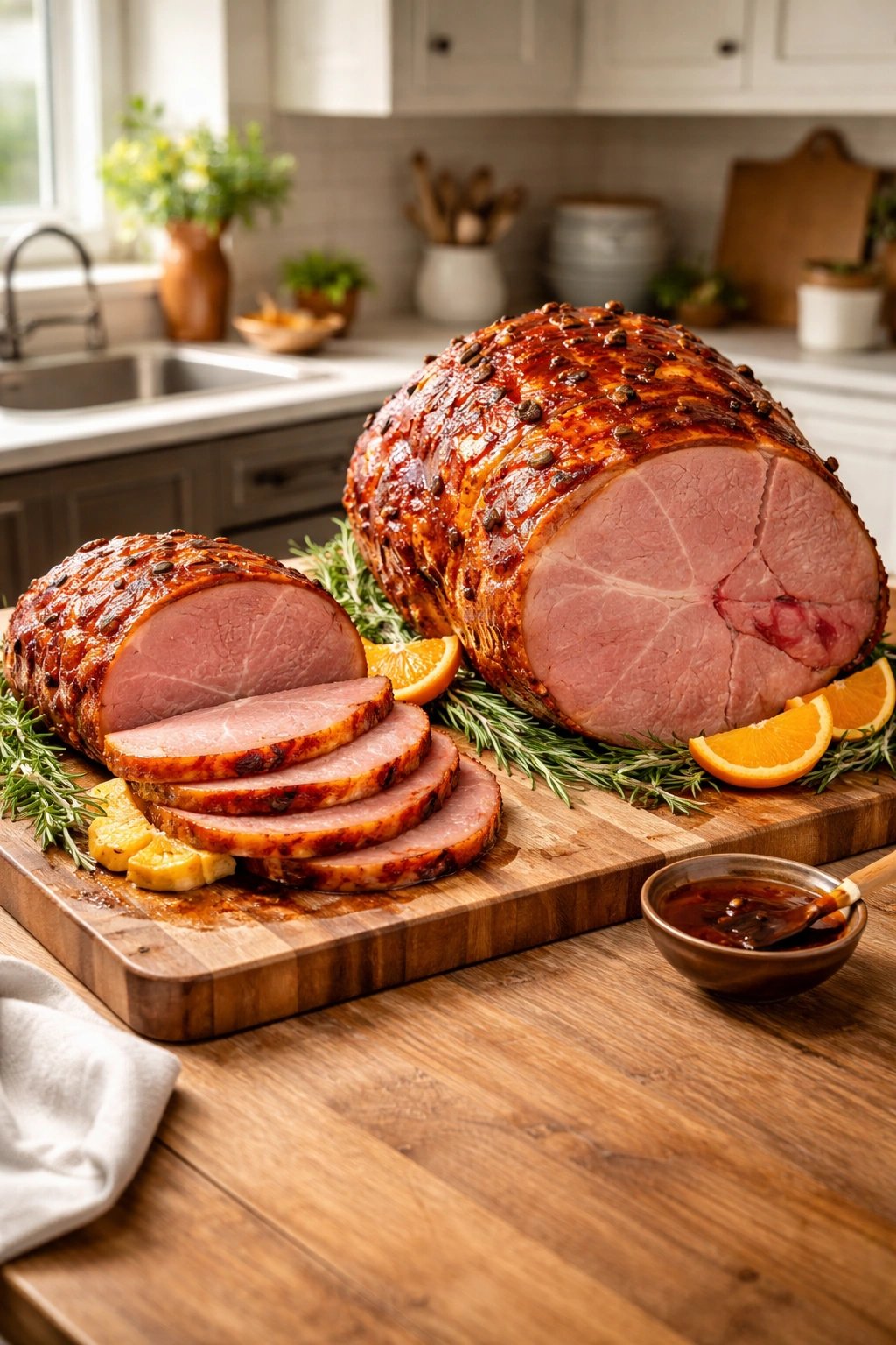 Two hams of different sizes on a wooden board illustrating scalability