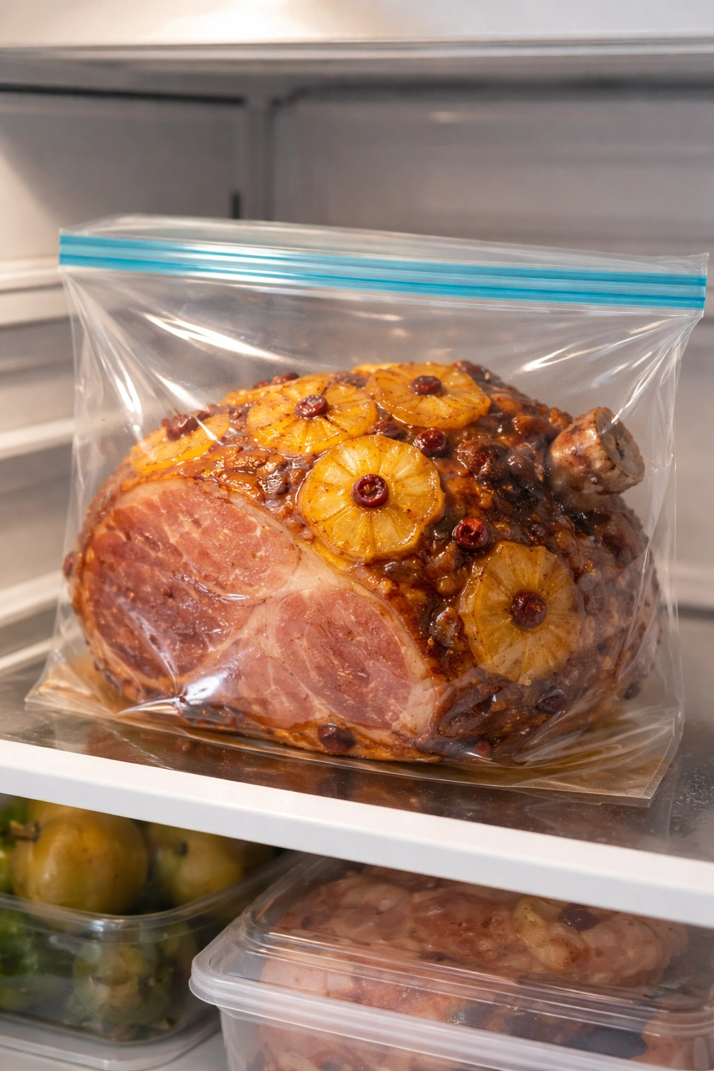 Ham in a freezer bag stored on fridge shelf