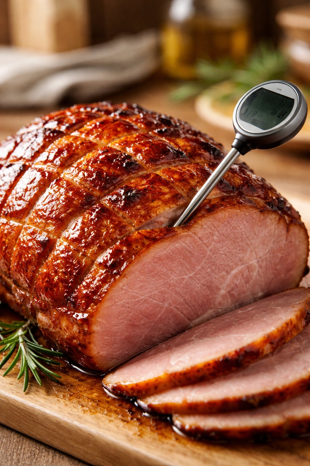 Ham with probe thermometer inserted, display digits not visible.