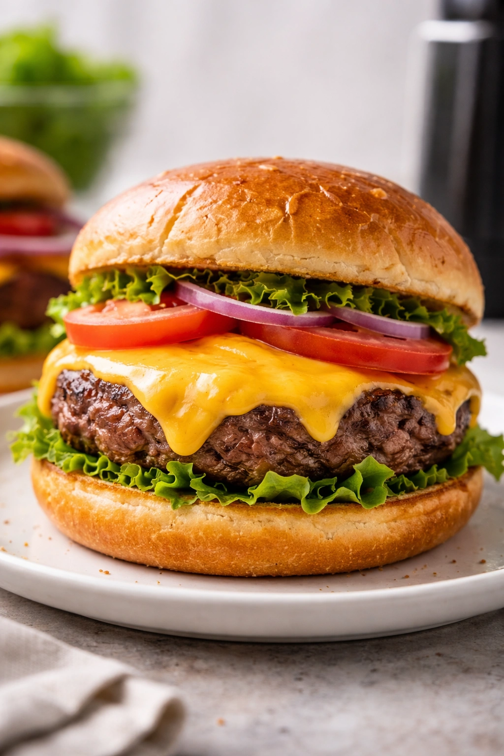 Juicy air fryer burger with melted cheese on a clean plate