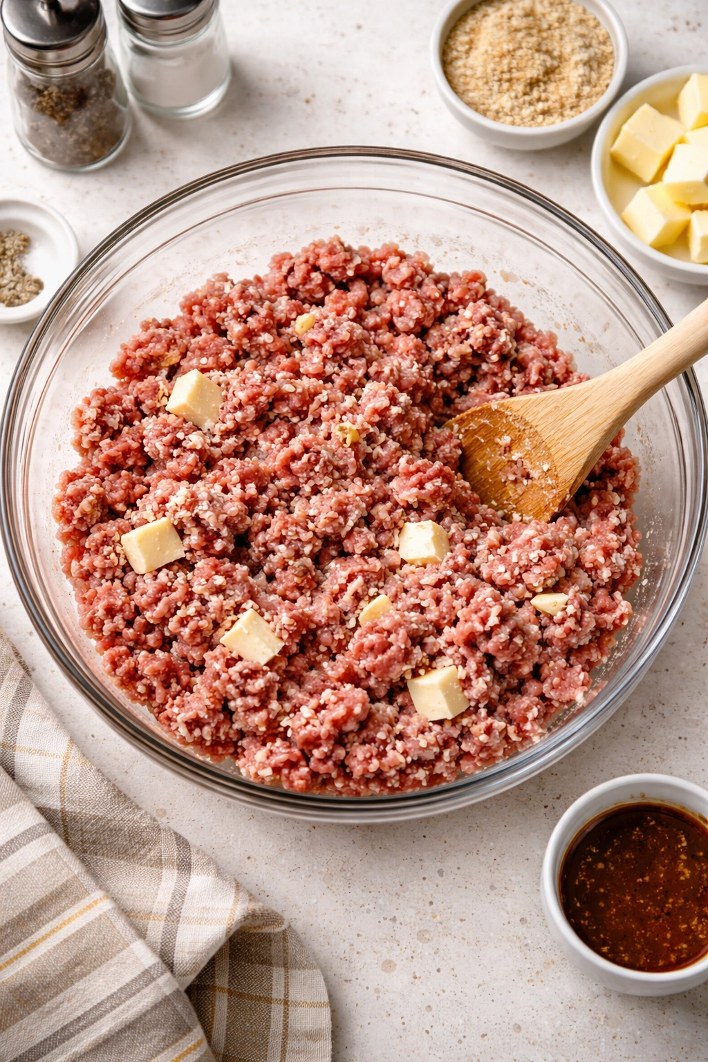 Raw hamburger mixture with visible butter streaks in a bowl, illustrating proper texture.