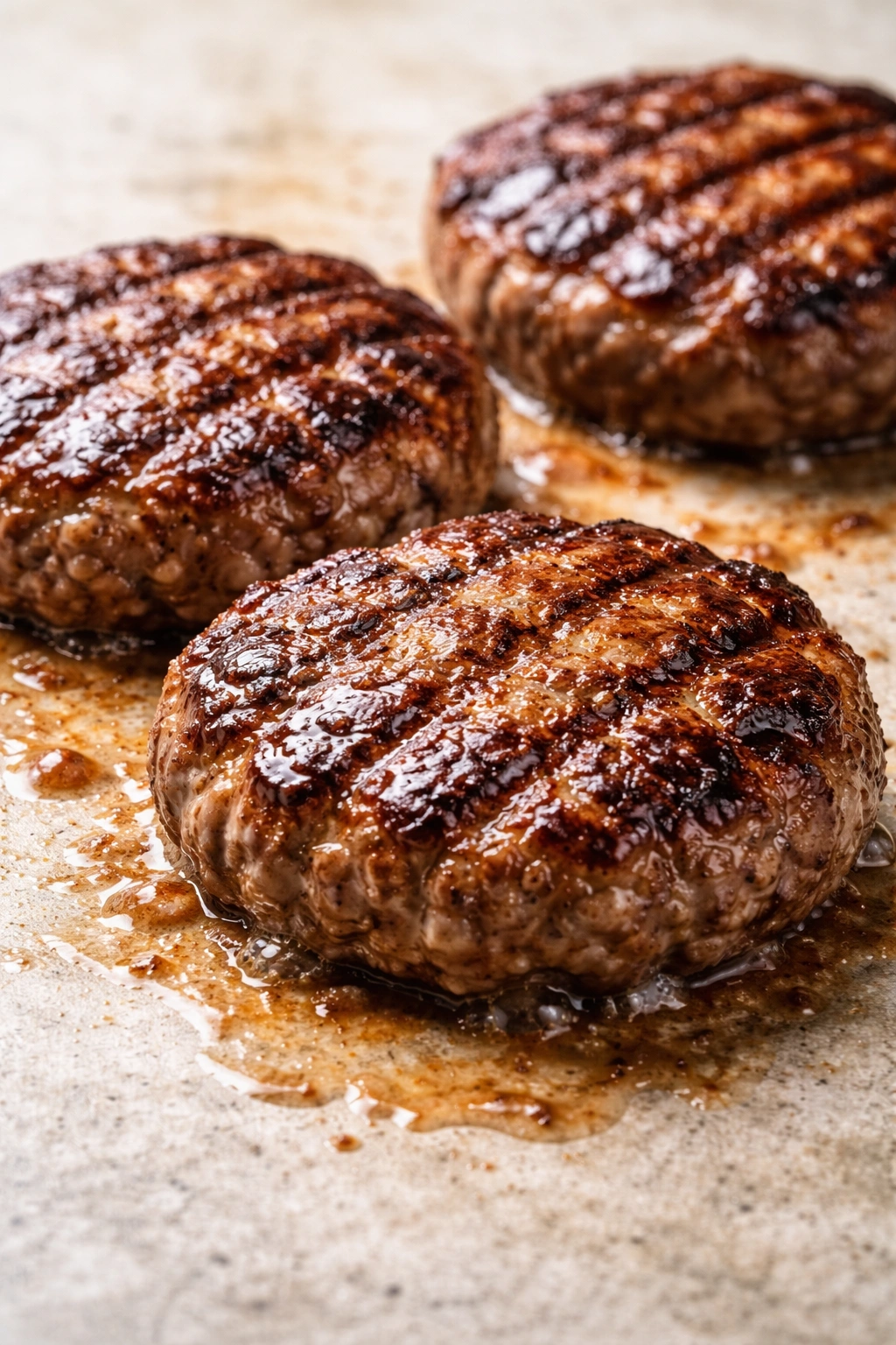 Close-up of juicy hamburger patties with sear marks