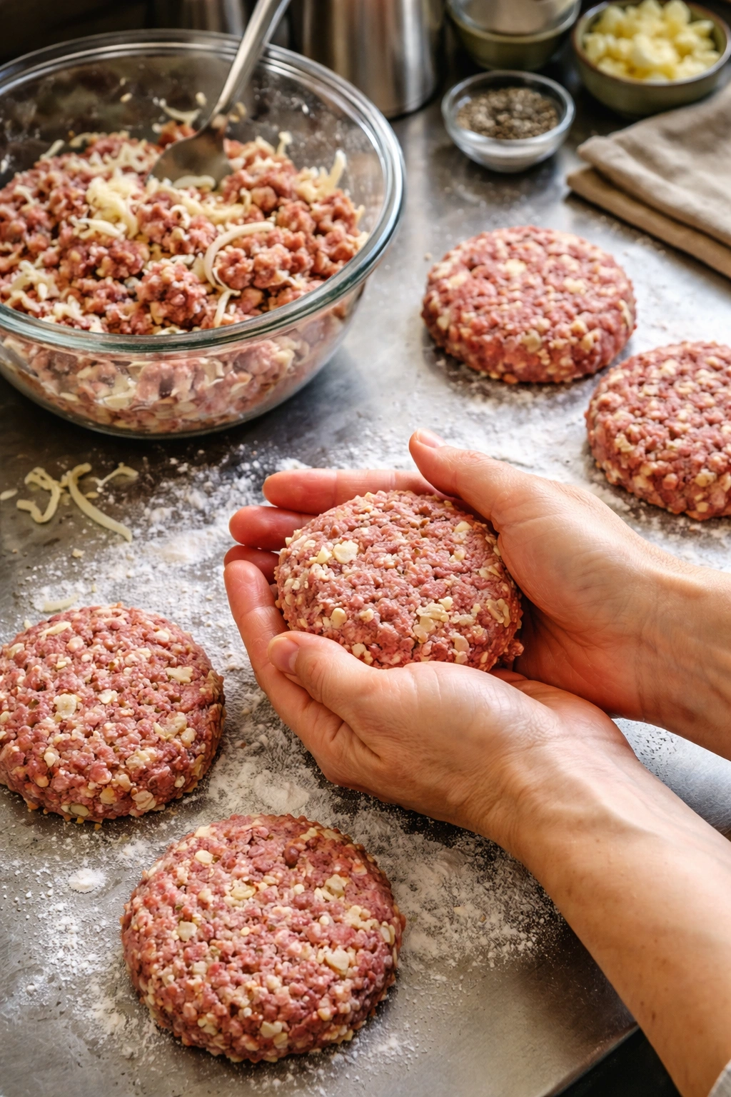 Close-up of hands shaping loose hamburger patties with frozen butter ribbons on a cold surface.