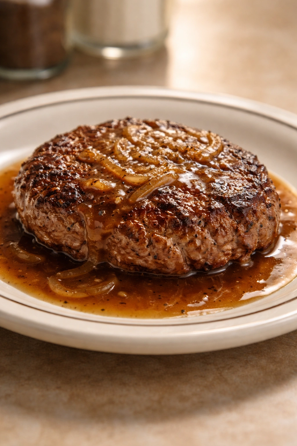 Single hamburger steak patty with light gravy on plain plate