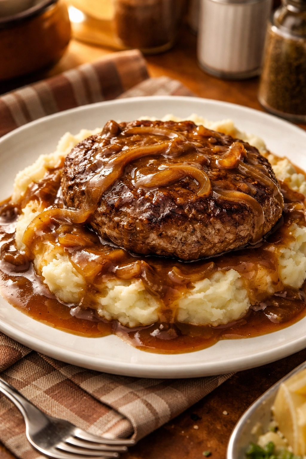 Juicy hamburger steak with gravy over mashed potatoes on a plate