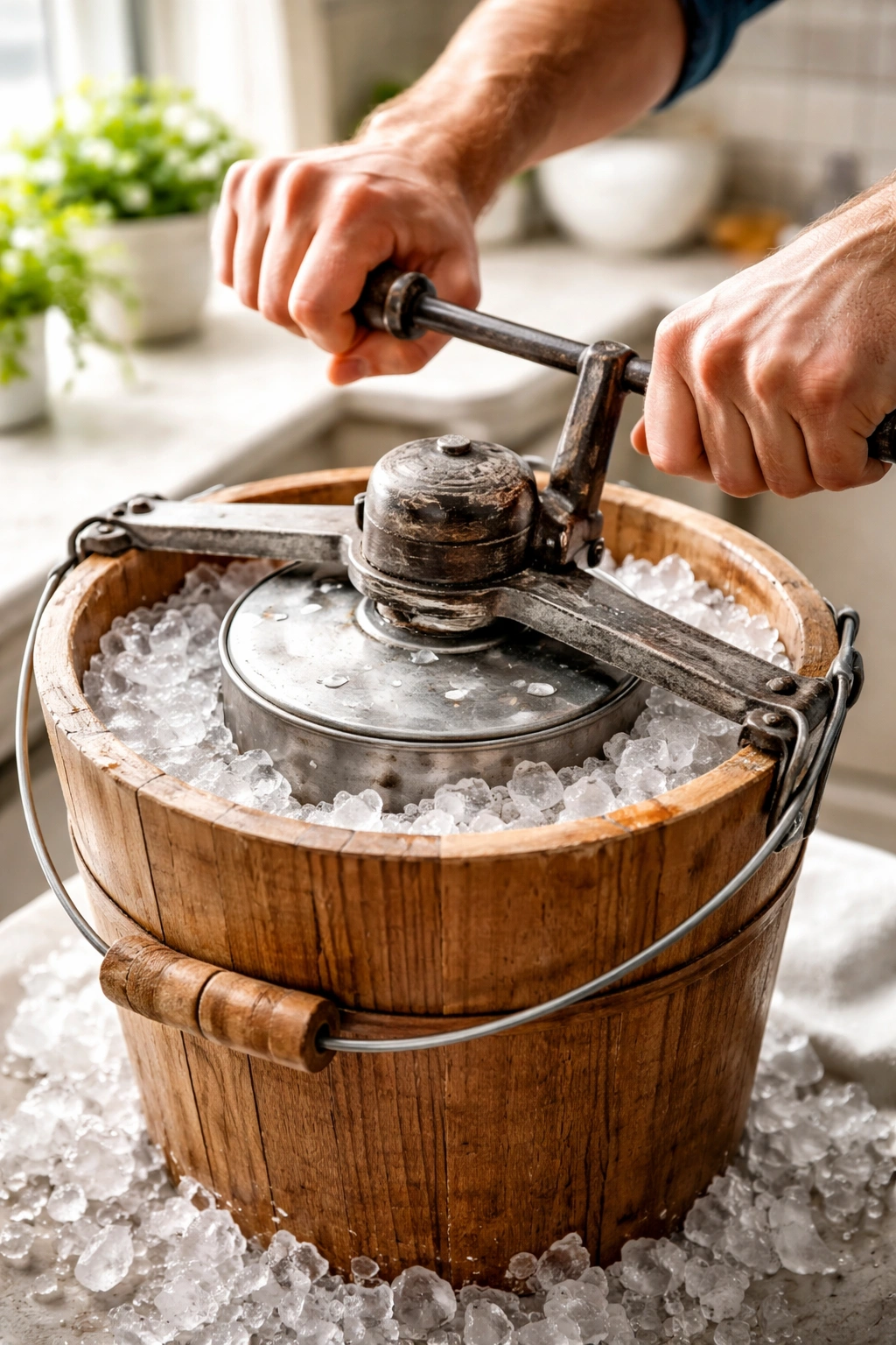 Hands cranking a vintage ice cream maker