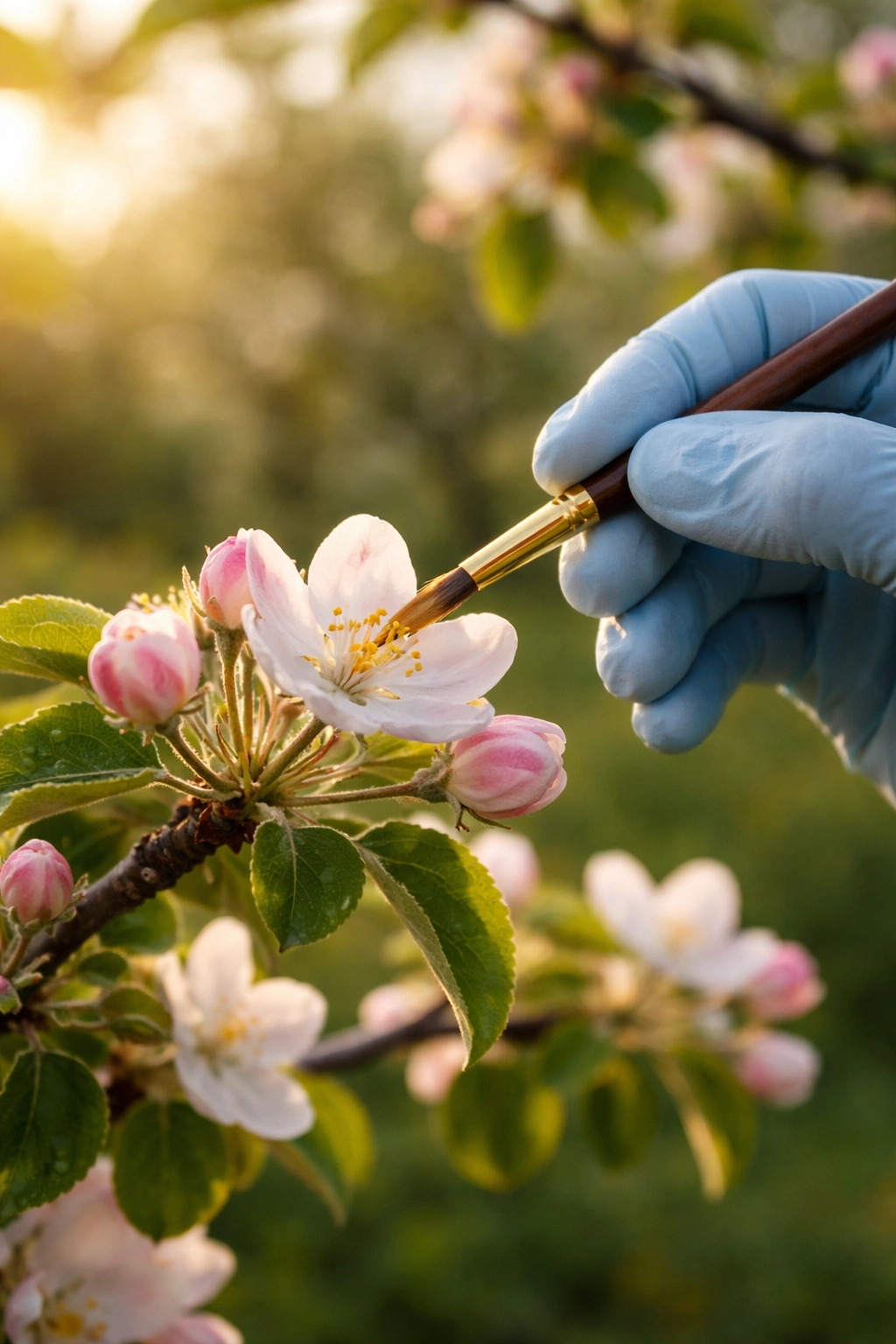 Gloved hand applying pollen to an apple blossom with a brush