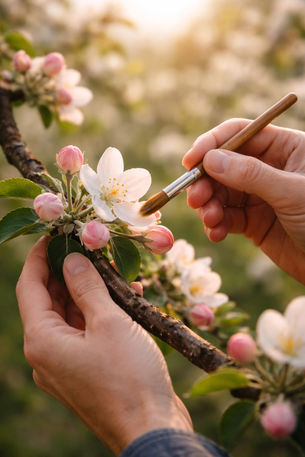 Close-up of hands applying pollen to an apple blossom with a brush in an orchard