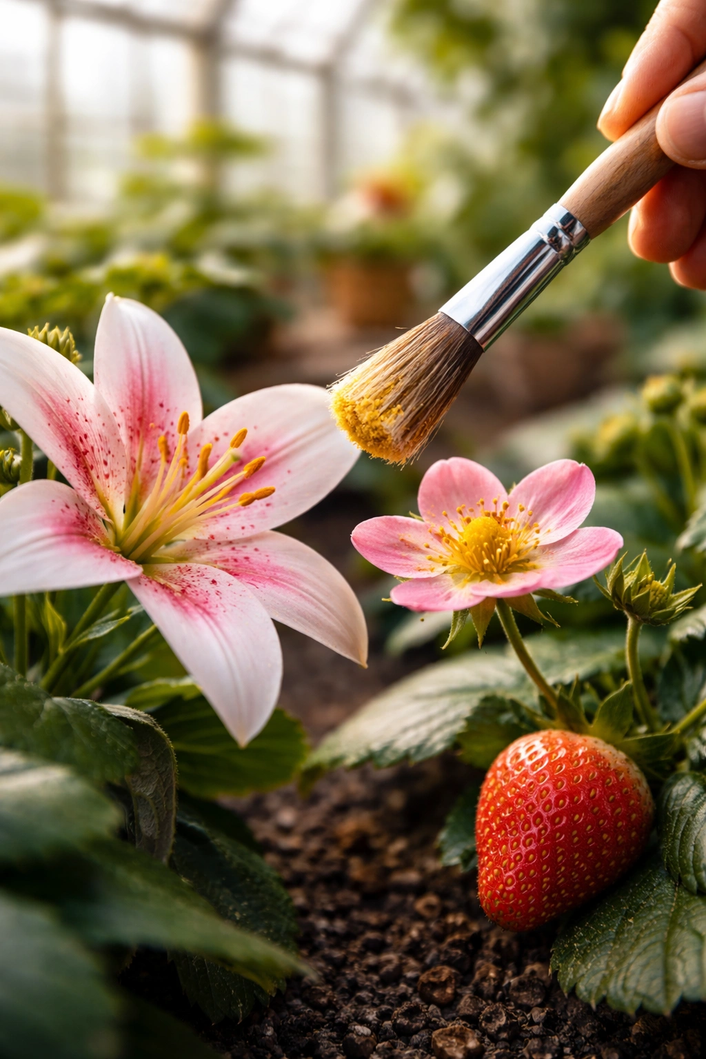 Brush transferring pollen between two different flower types