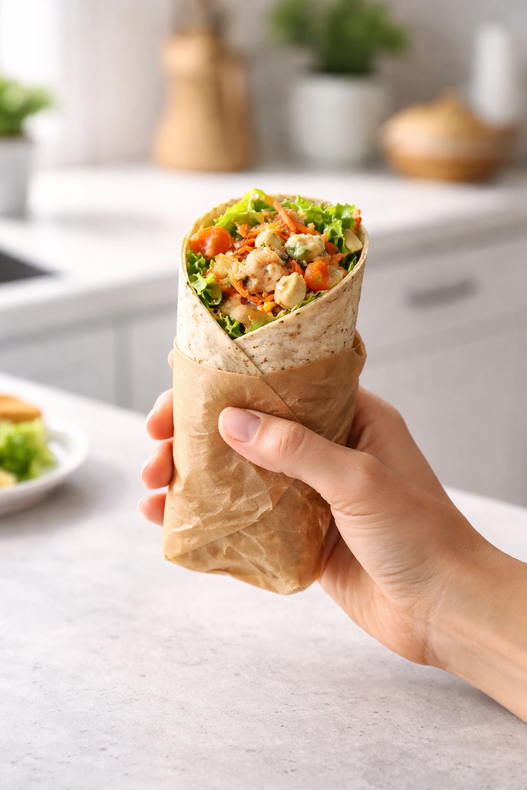 Close-up of a hand holding a wrapped handheld meal with visible filling