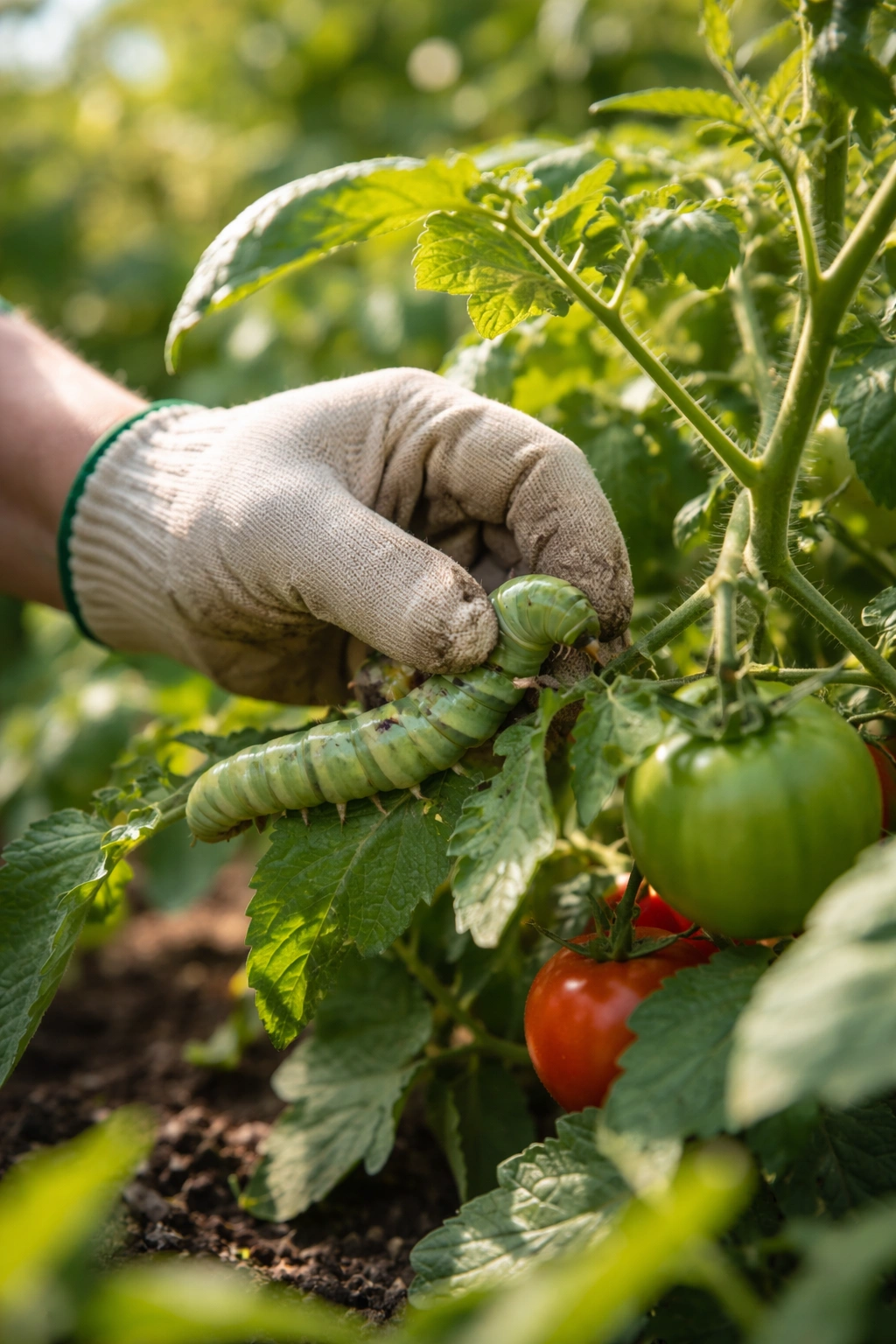 Gardener handpicking hornworms from tomato plant