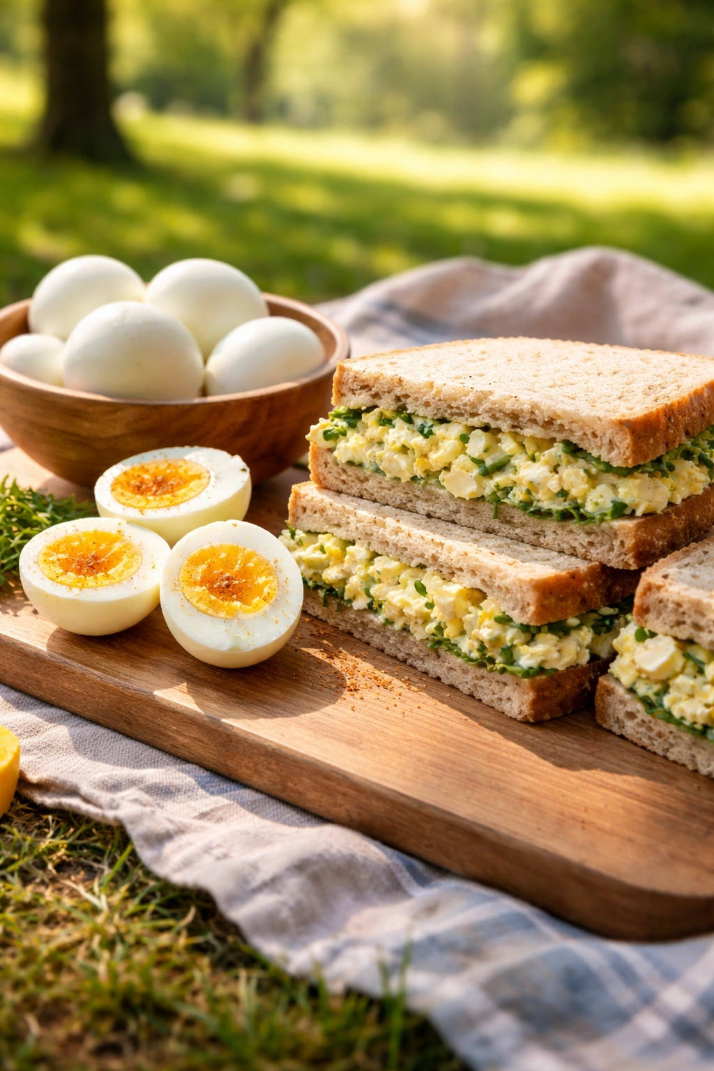 Hard-boiled eggs and egg salad sandwiches on a wooden board outdoors