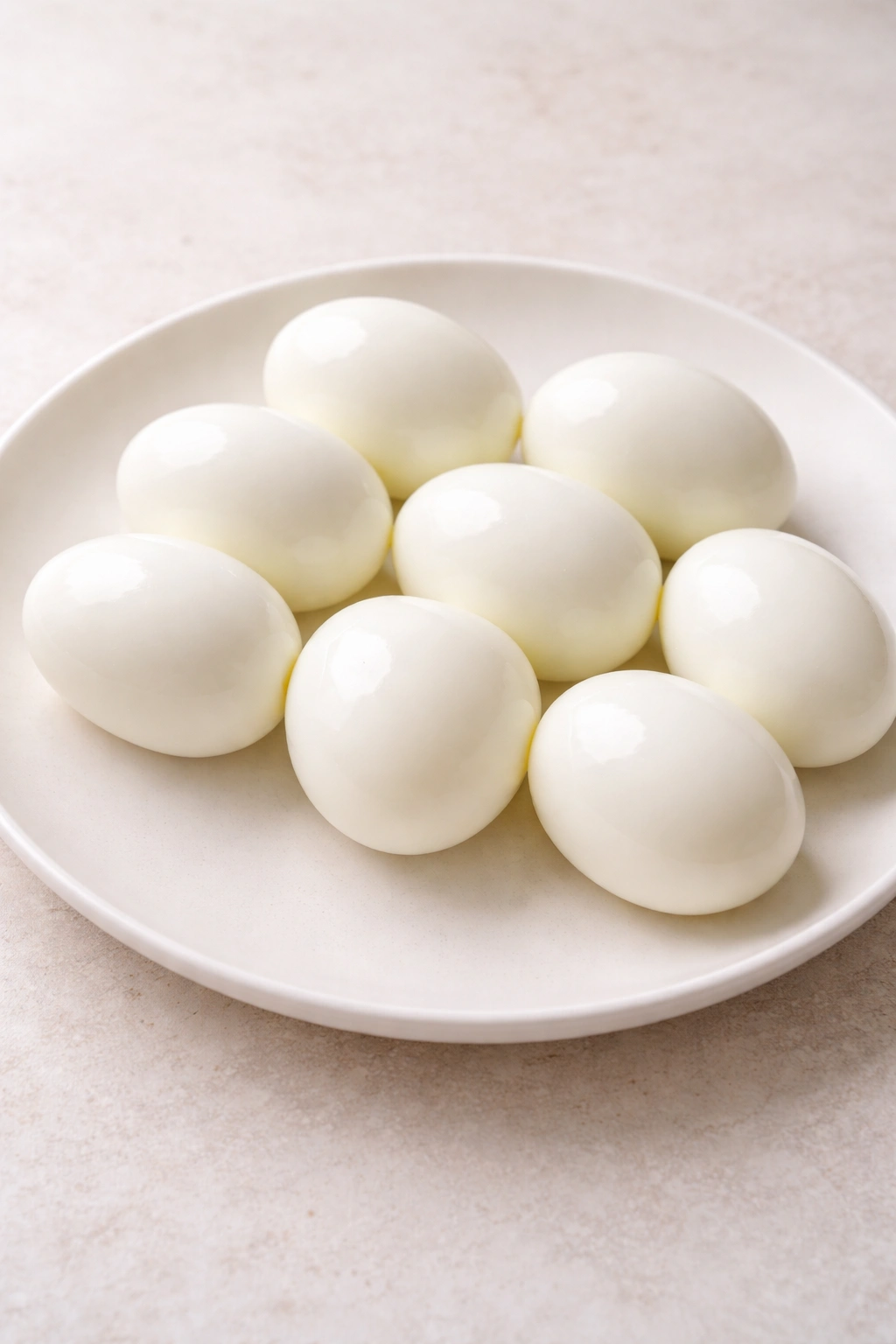 Row of peeled hard-boiled eggs on a plate, ready to eat